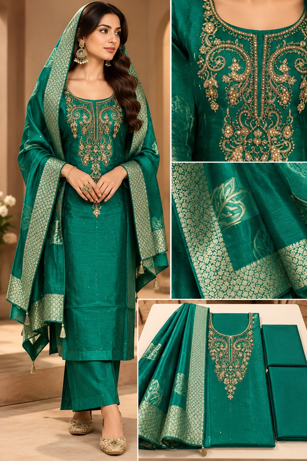 Emerald Green Embellished Viscose Silk Unstitched Suit Set