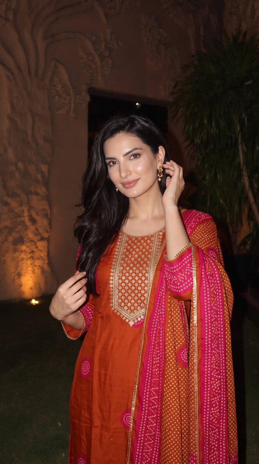 Rust Orange Embellished Crepe Silk Palazzo Set