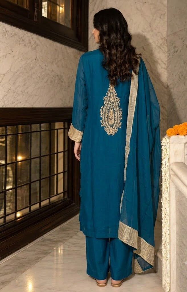 Lagoon Blue Embroidered Crepe Silk Pant Set