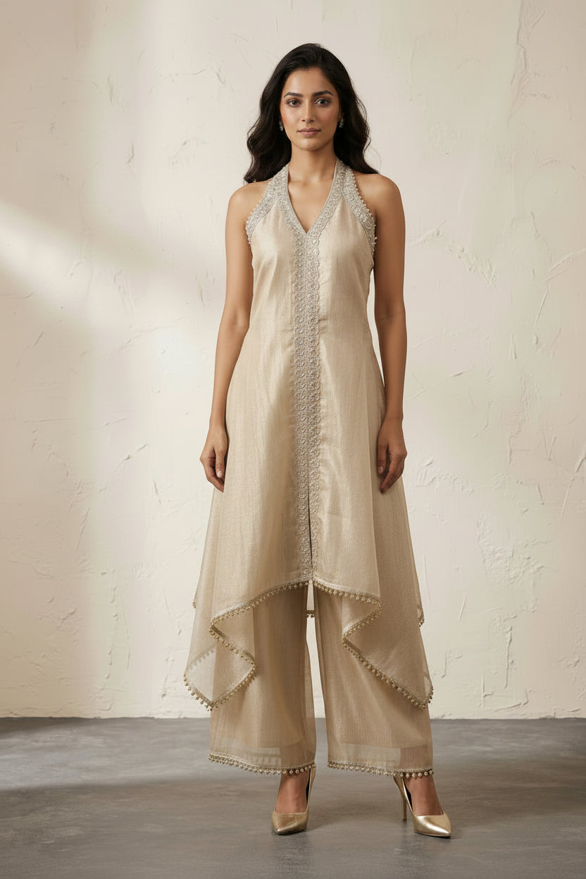 Beige Embellished Shimmer Silk Co-Ord Set