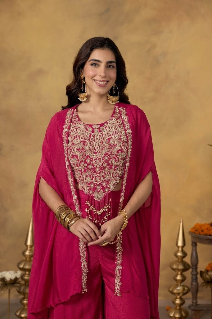 Rani Pink Embellished Chinon Silk Palazzo Set