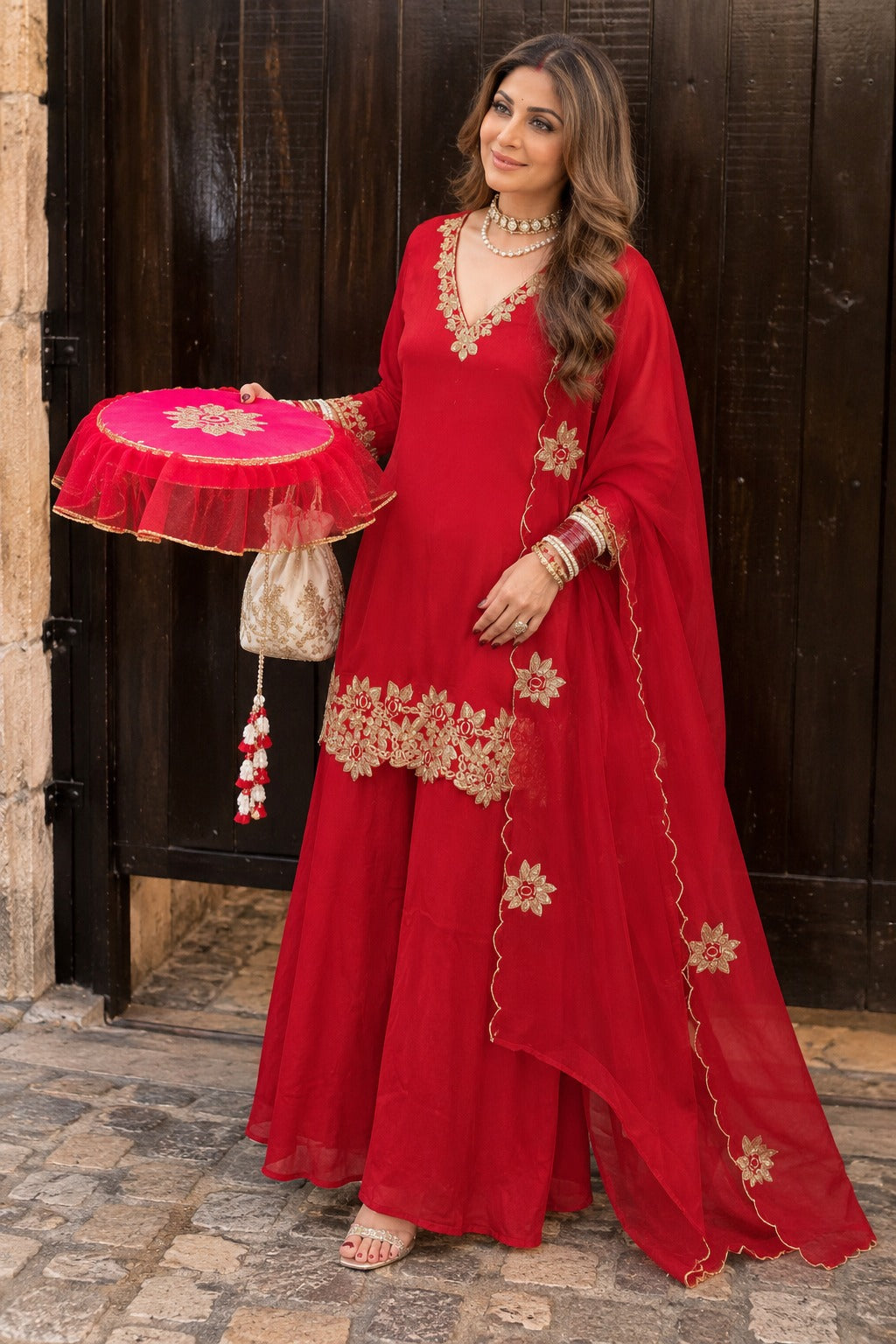 Crimson Red Embellished Chinon Silk Palazzo Set