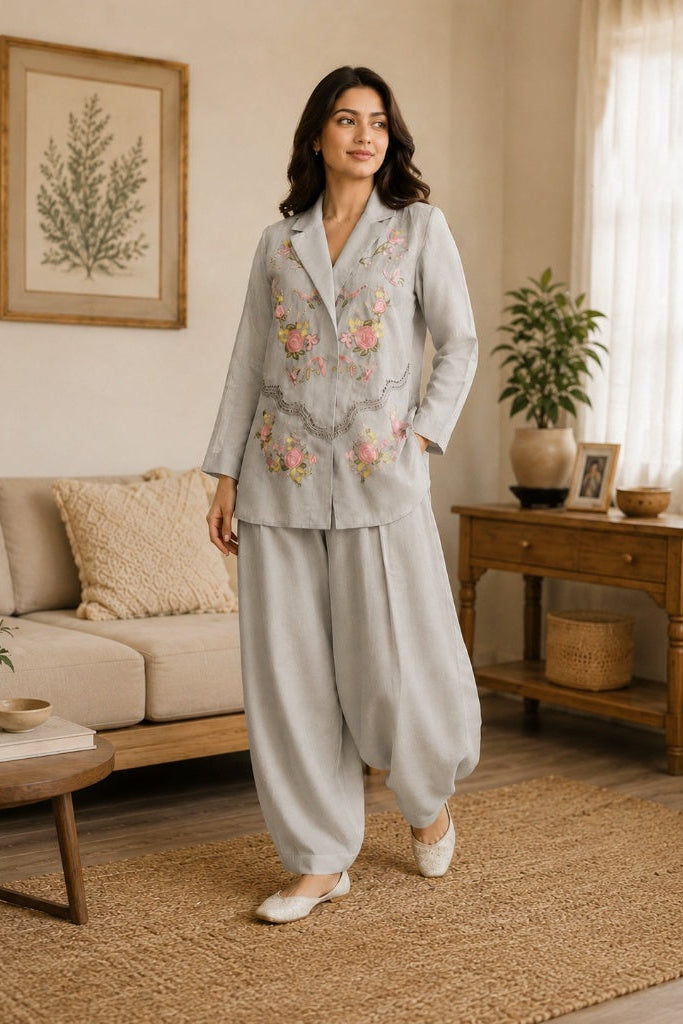 Grey Mist Embroidered Linen Co-Ord Set