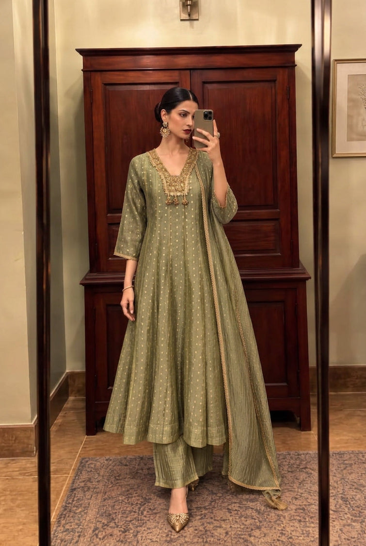 Metallic Olive Embellished Shimmer Tissue Silk Anarkali Set