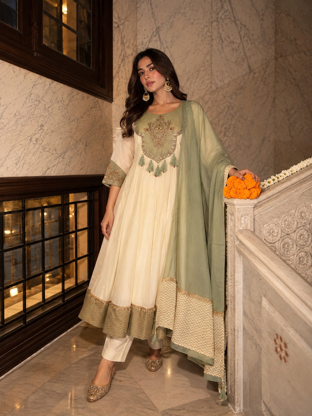Off-White Embellished Mul Chanderi Silk Anarkali Set