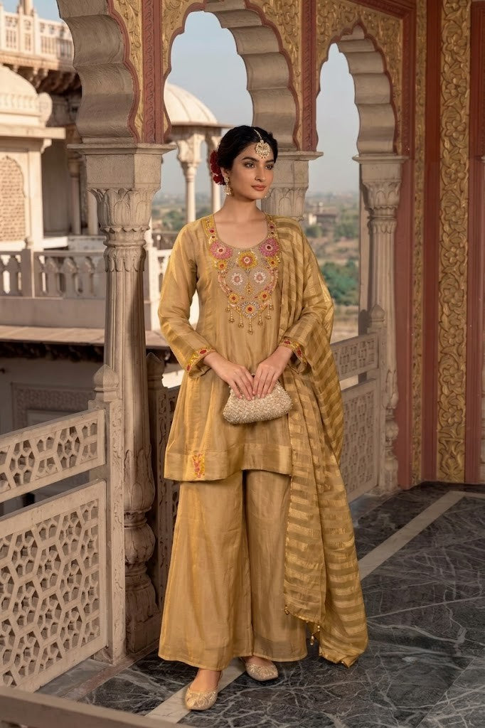 Metallic Gold Embellished Shimmer Silk Palazzo Set
