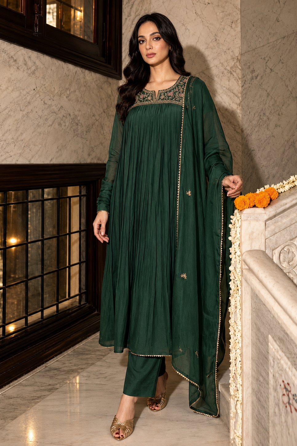 Meadow Green Embroidered Crepe Silk Anarkali Set