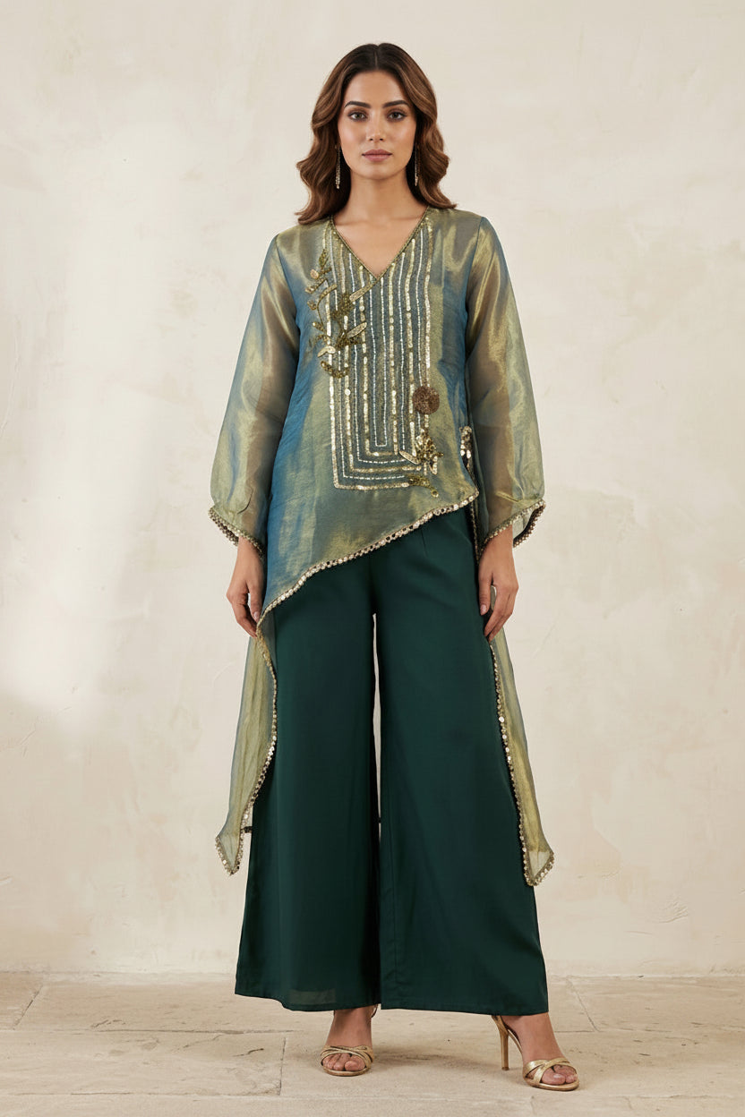 Two Tone Teal Embellished Organza Silk Palazzo Set