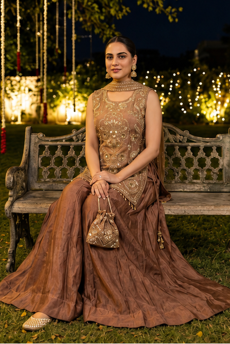 Peach Dust Embellished Shimmer Silk Palazzo Set