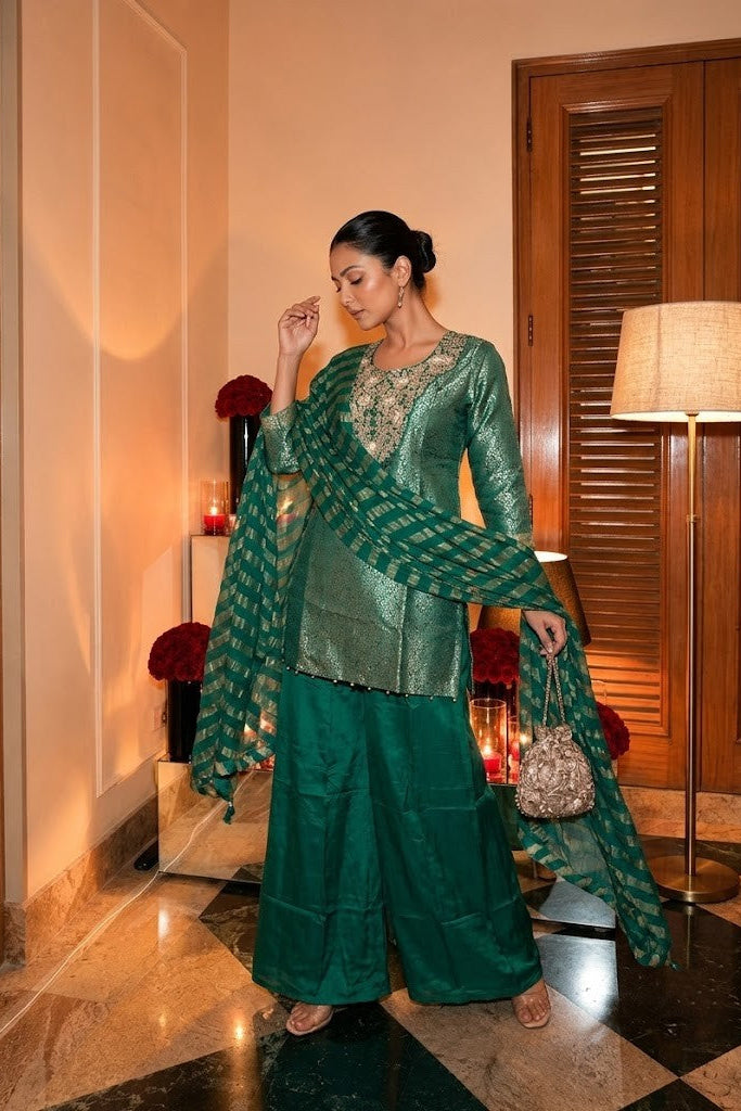 Royal Green Embellished Brocade Silk Palazzo Set