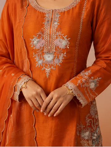 Saffron Orange Embellished Chinon Silk Sharara Set