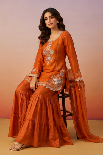 Saffron Orange Embellished Chinon Silk Sharara Set