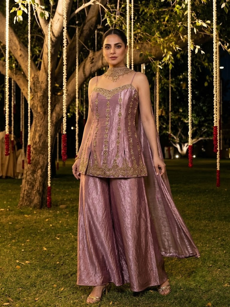 Rose Pink Embellished Shimmer Silk Palazzo Set