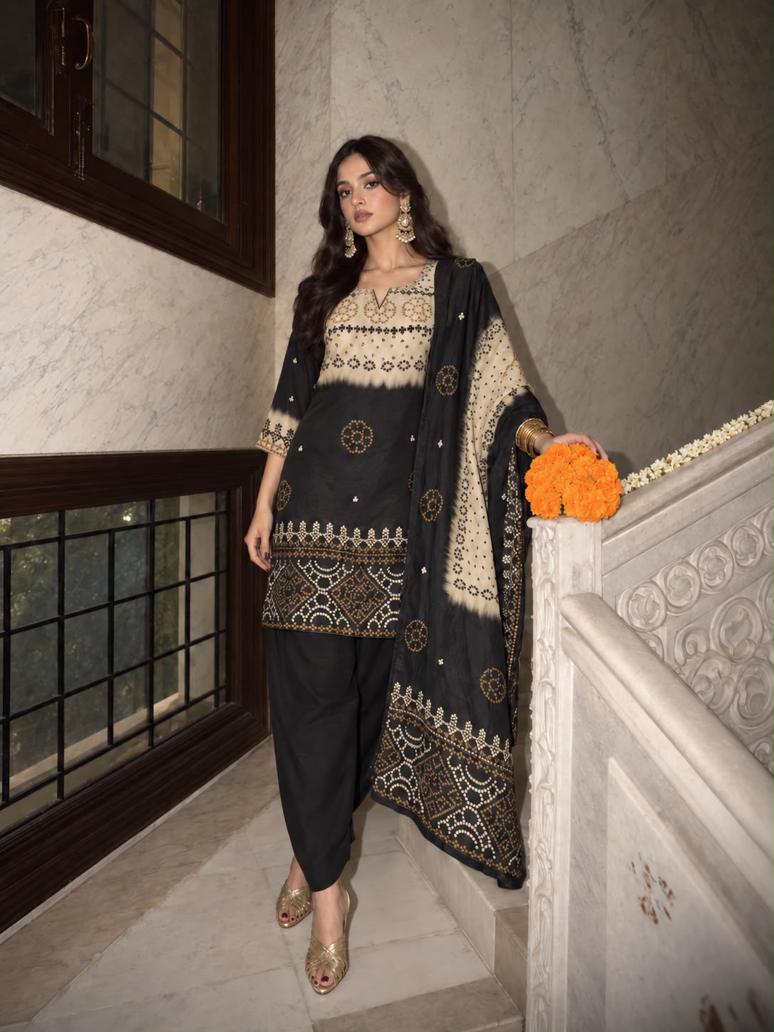 Black Pearl Printed Crepe Silk Farshi Salwar Set