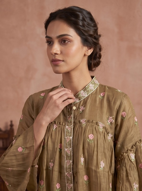 Muted Olive Embroidered Chanderi Silk Co-Ord Set
