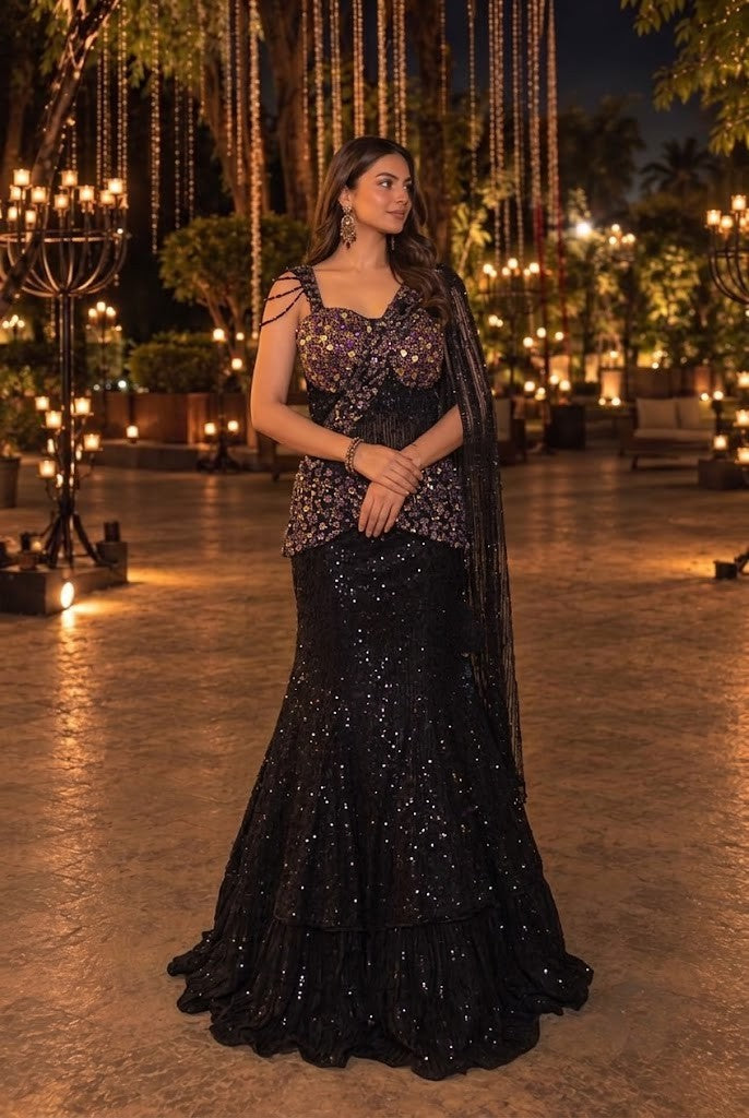 Regal Black Embellished Premium Net Lehenga Set