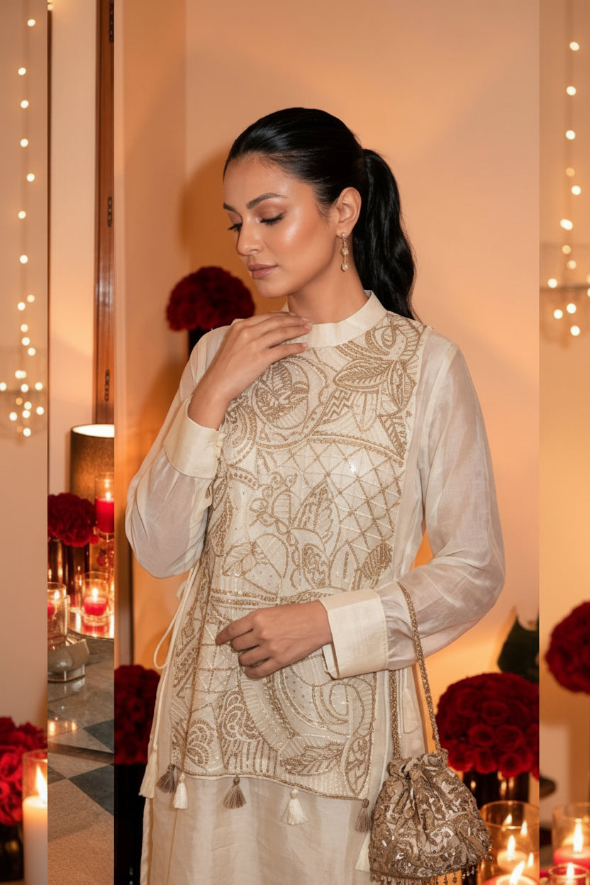 Milk White Embellished Chinon Silk Palazzo Set