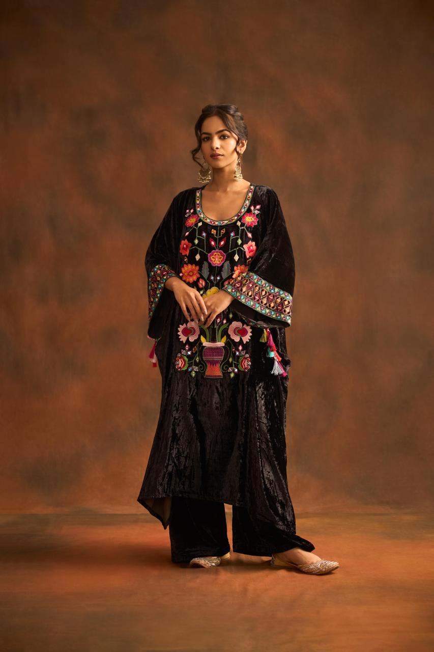 Black Embroidered Velvet Silk Palazzo Set