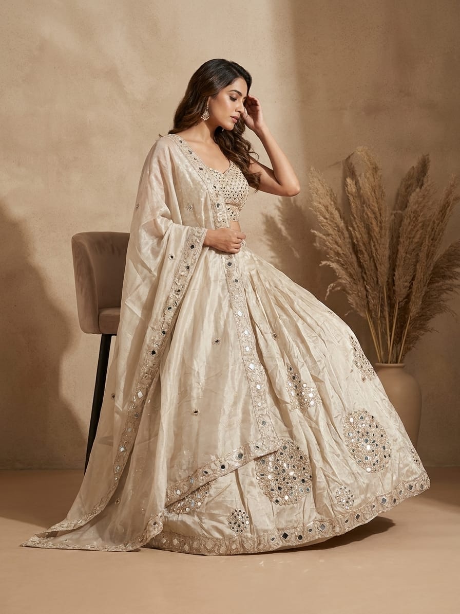 Dove Ivory Embellished Premium Silk Lehenga Set