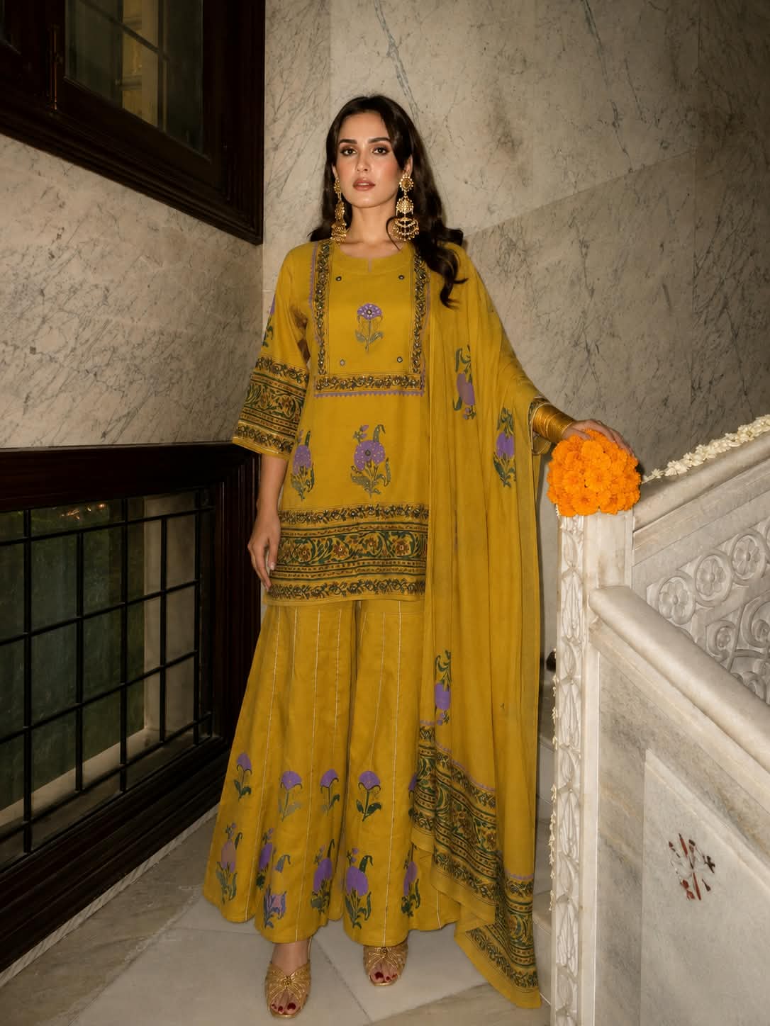 Yellow Mustard Printed Pure Mulmul Sharara Set