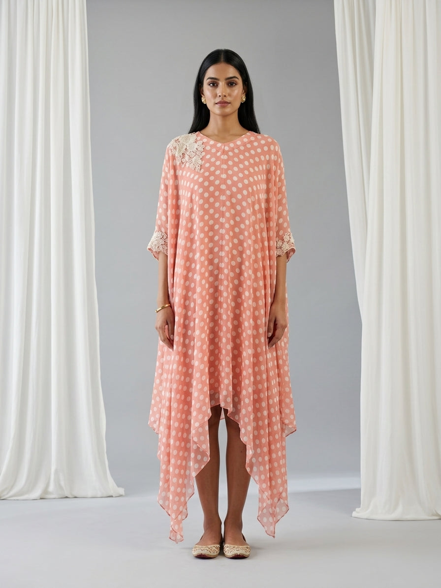 Peach Polka Embellished Georgette Kaftan Tunic
