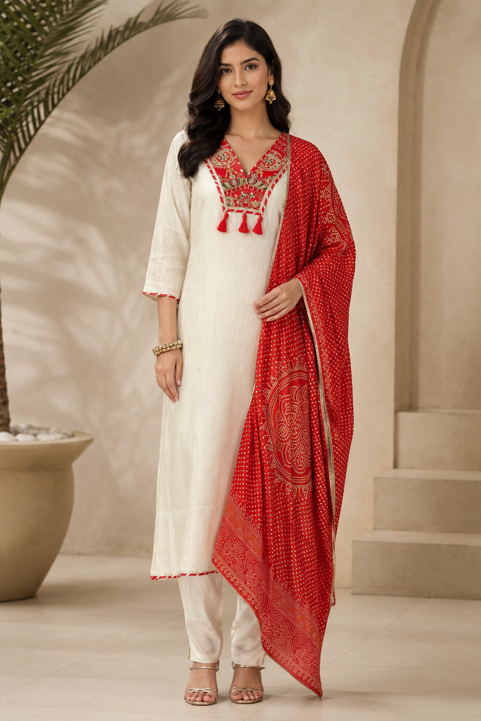 White Crimson Printed Shimmer Silk Pant Set