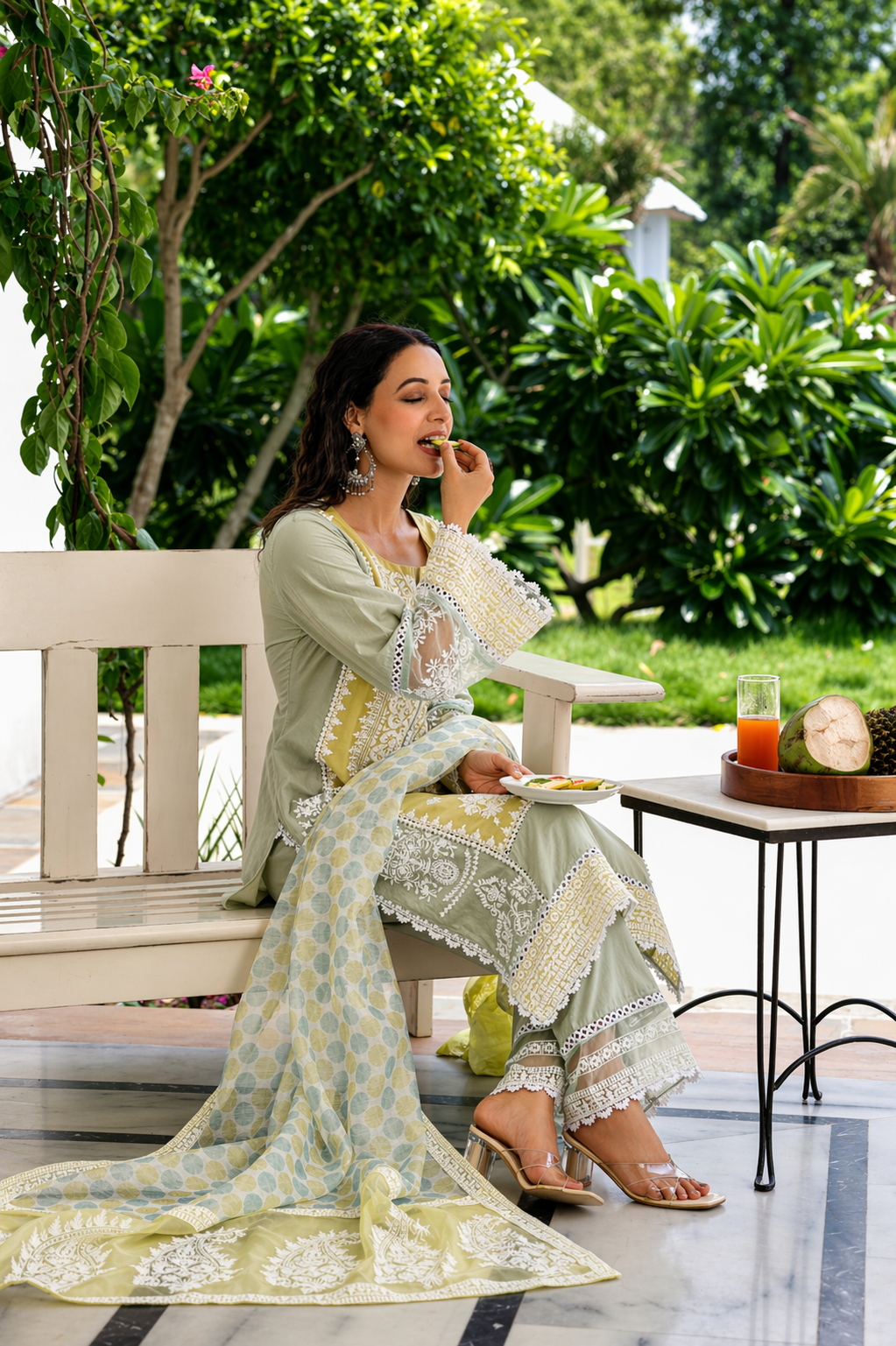 Sage Citron Embroidered Mul Cotton Pant Set