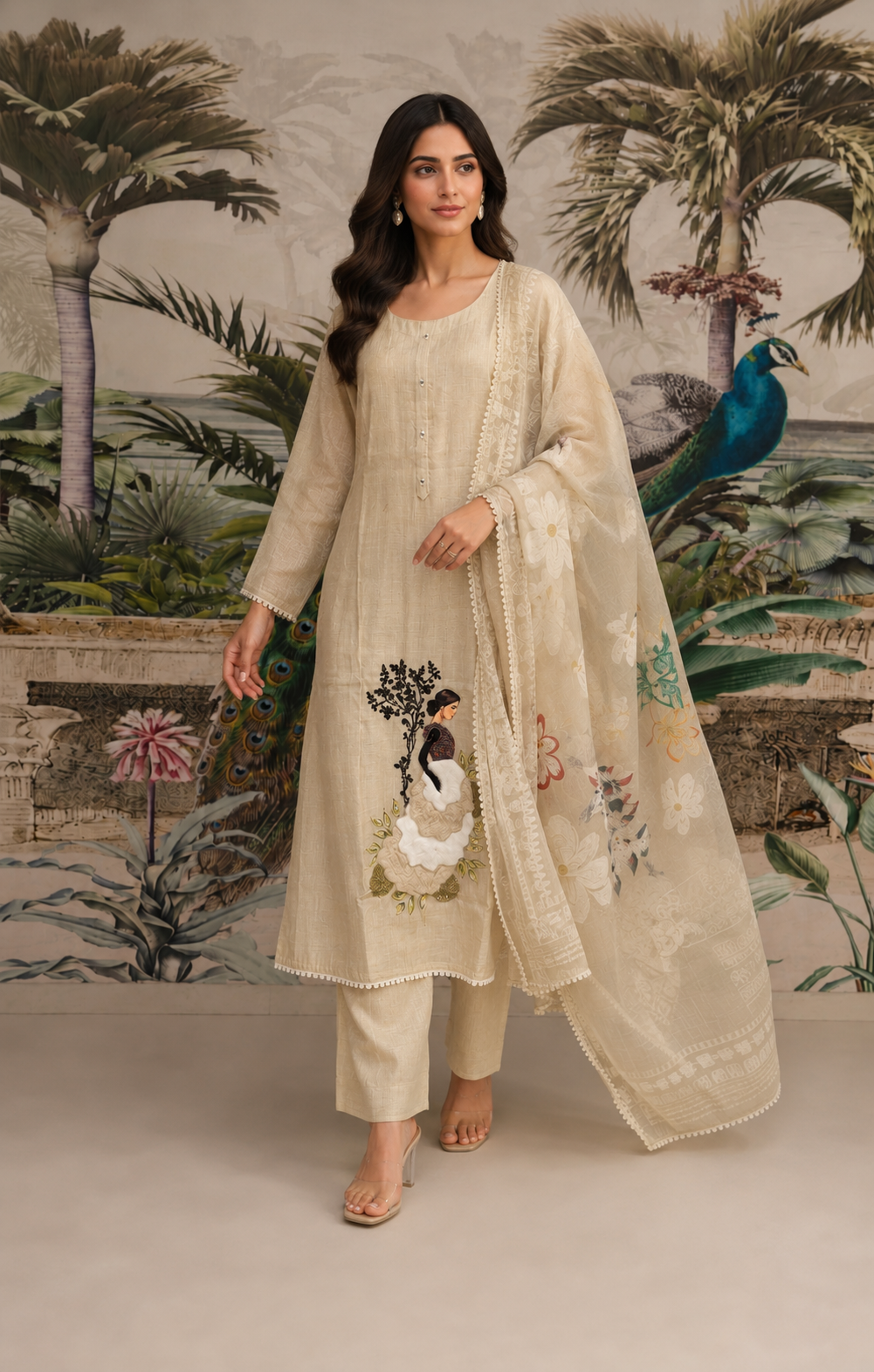 Bloom Beige Embroidered Jamdani Silk Pant Set