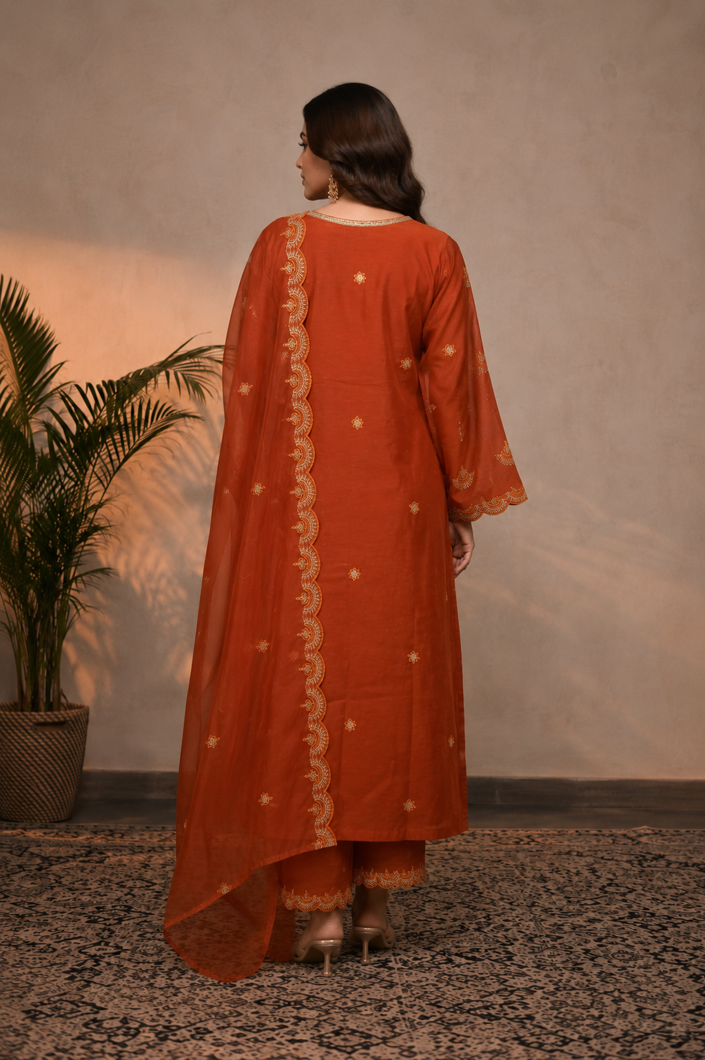 Rust Orange Embellished Mul Chanderi Pant Set