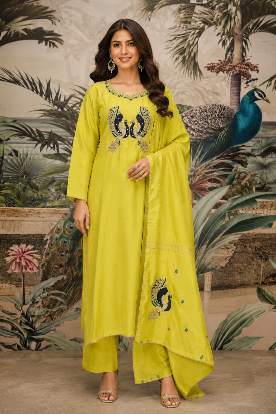 Lime Green Embroidered Viscose Crepe Pant Set