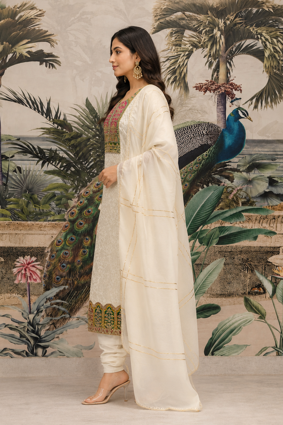 Ivory Embroidered Shimmer Jacquard Silk Pant Set