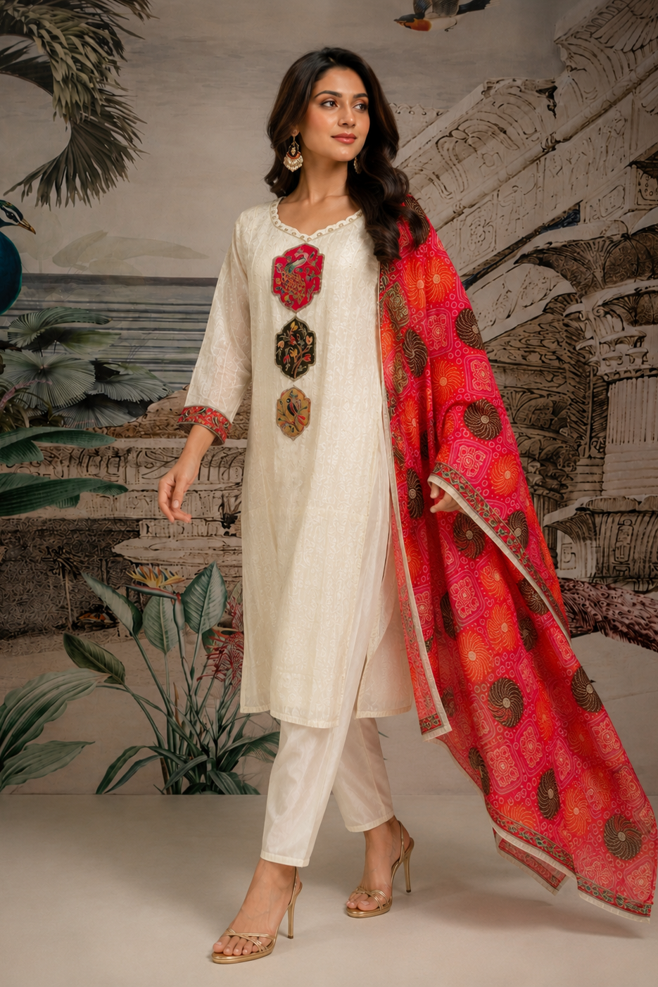 Pearl White Embroidered Viscose Silk Pant Set