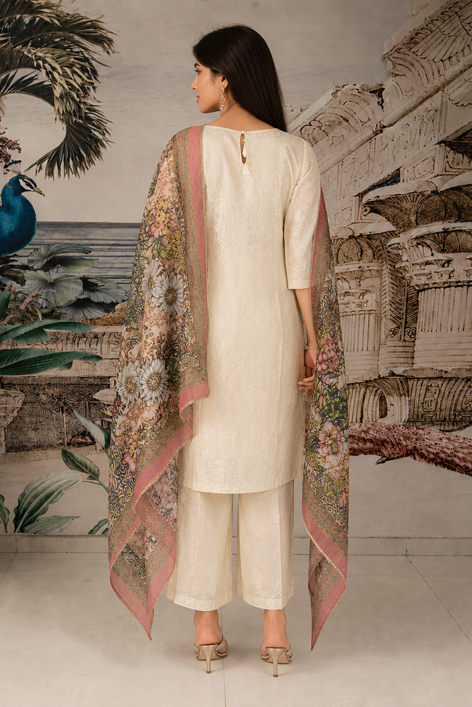 Whisp White Embroidered Shimmer Silk Pant Set