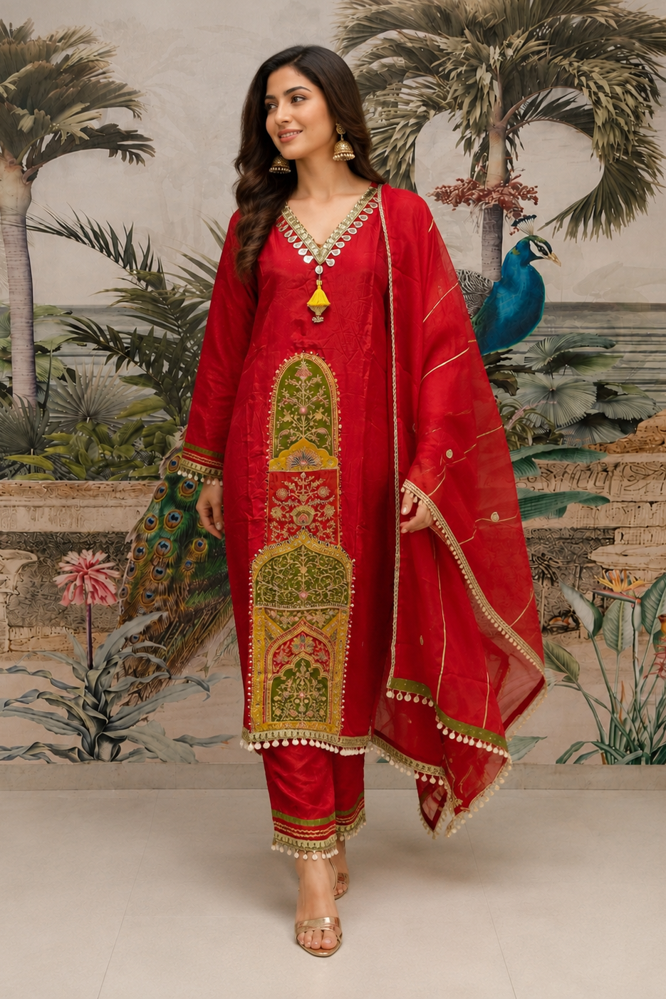 Crimson Red Embroidered Viscose Crepe Pant Set