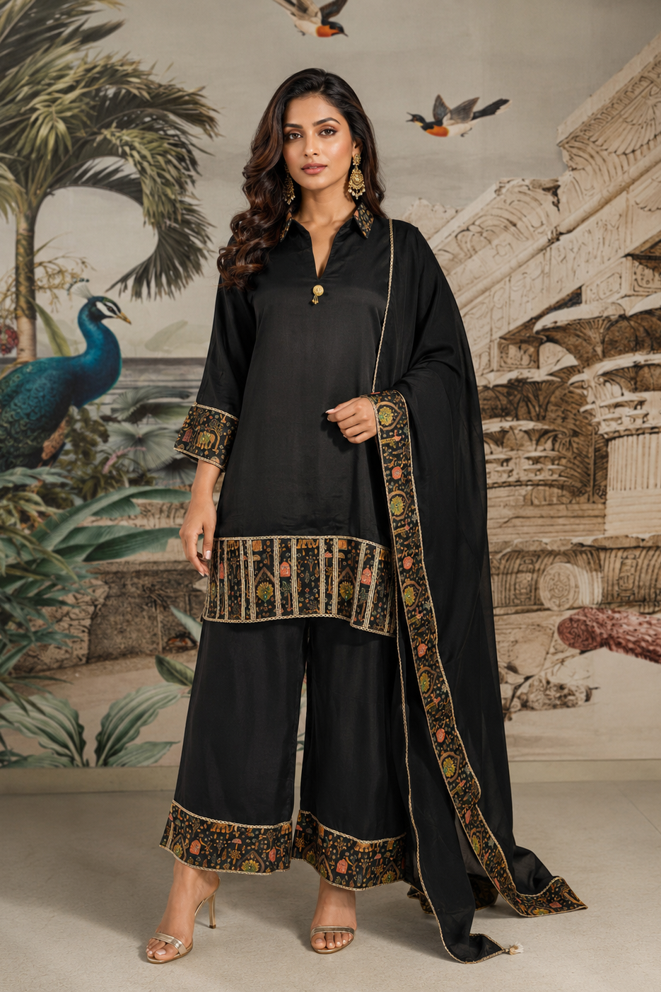 Black Embroidered Viscose Crepe Silk Pant Set