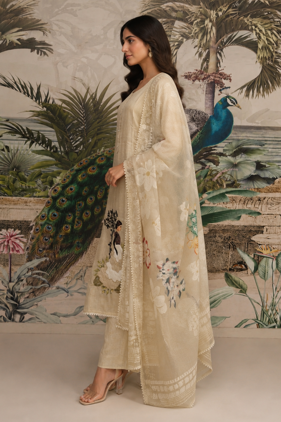 Bloom Beige Embroidered Jamdani Silk Pant Set