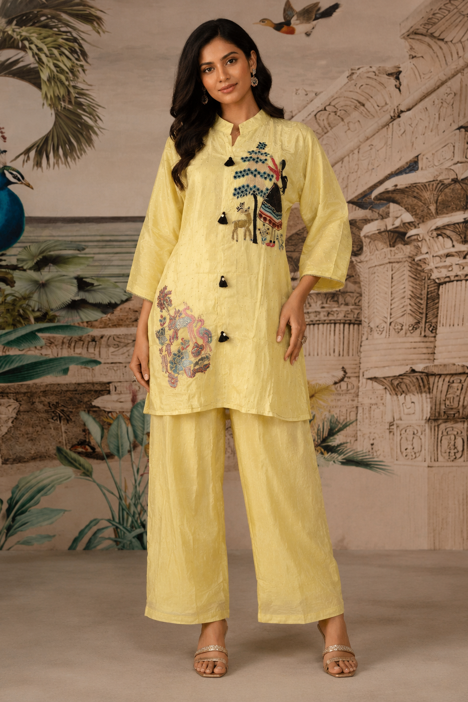 Pastel Yellow Embroidered Crepe Silk Co-Ord Set