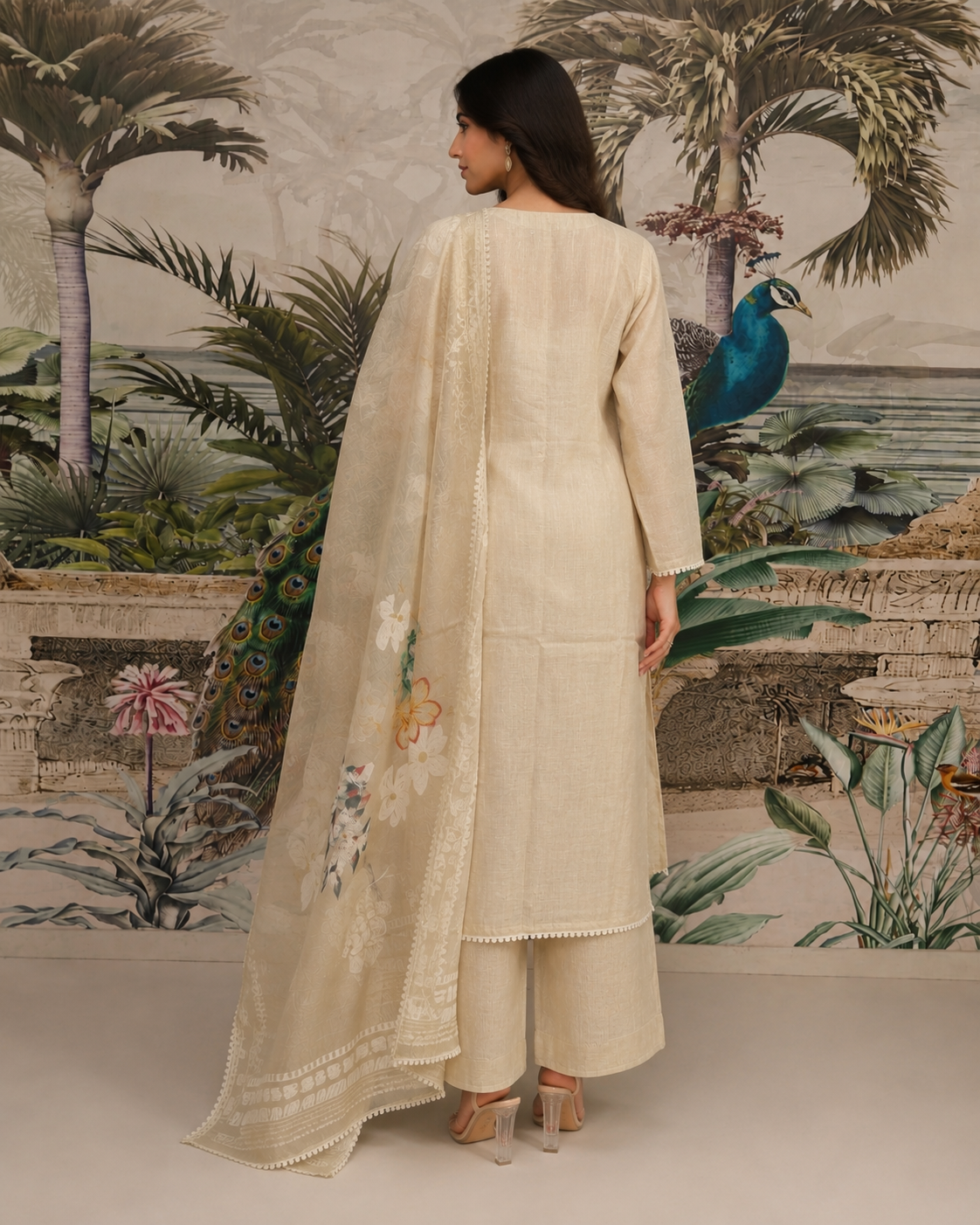 Bloom Beige Embroidered Jamdani Silk Pant Set