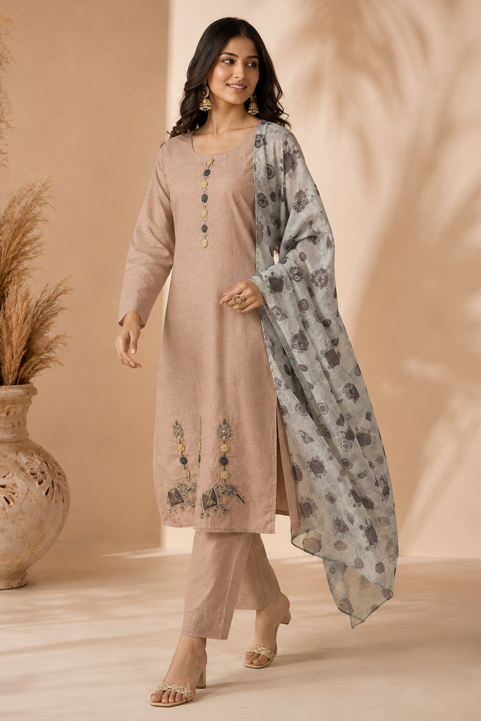 Dusty Taupe Embroidered Jamdani Silk Pant Set