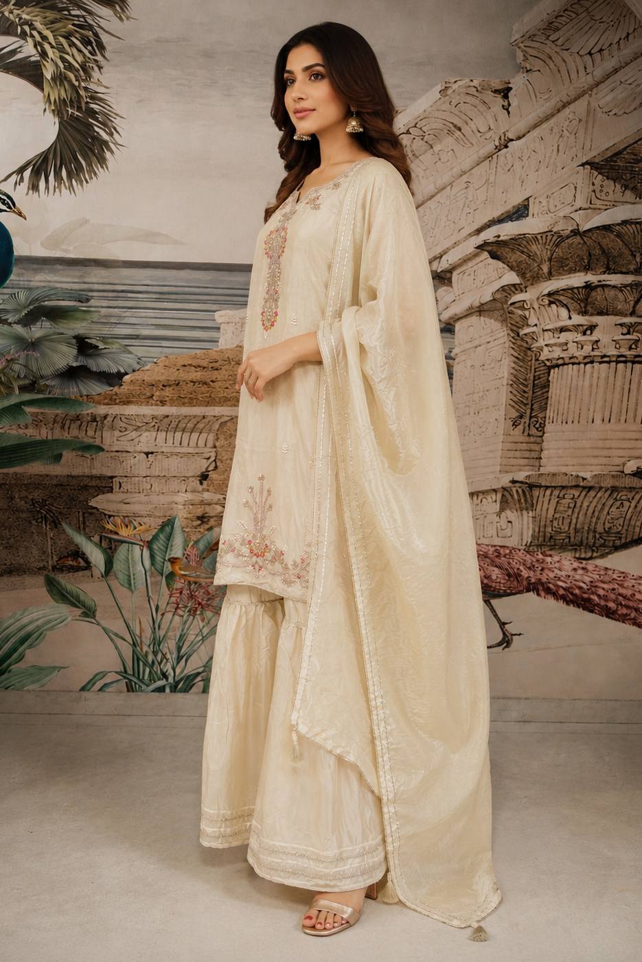 Pastel Cream Embellished Viscose Sharara Set
