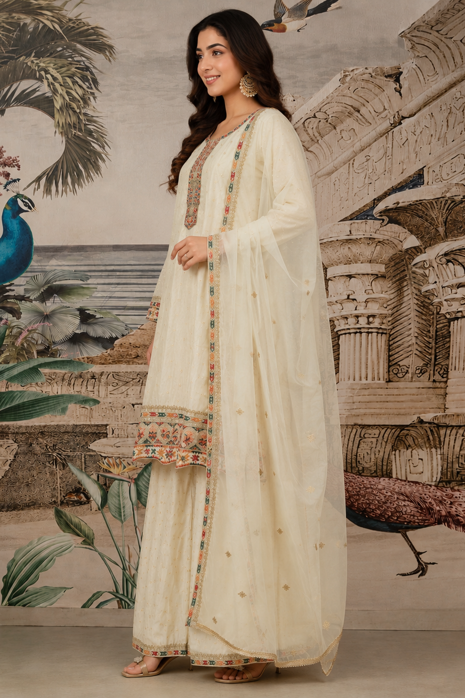 Vanilla Embroidered Shimmer Tissue Silk Palazzo Set