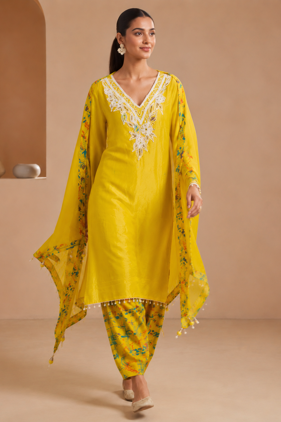 Citrine Yellow Printed Viscose Crepe Pant Set