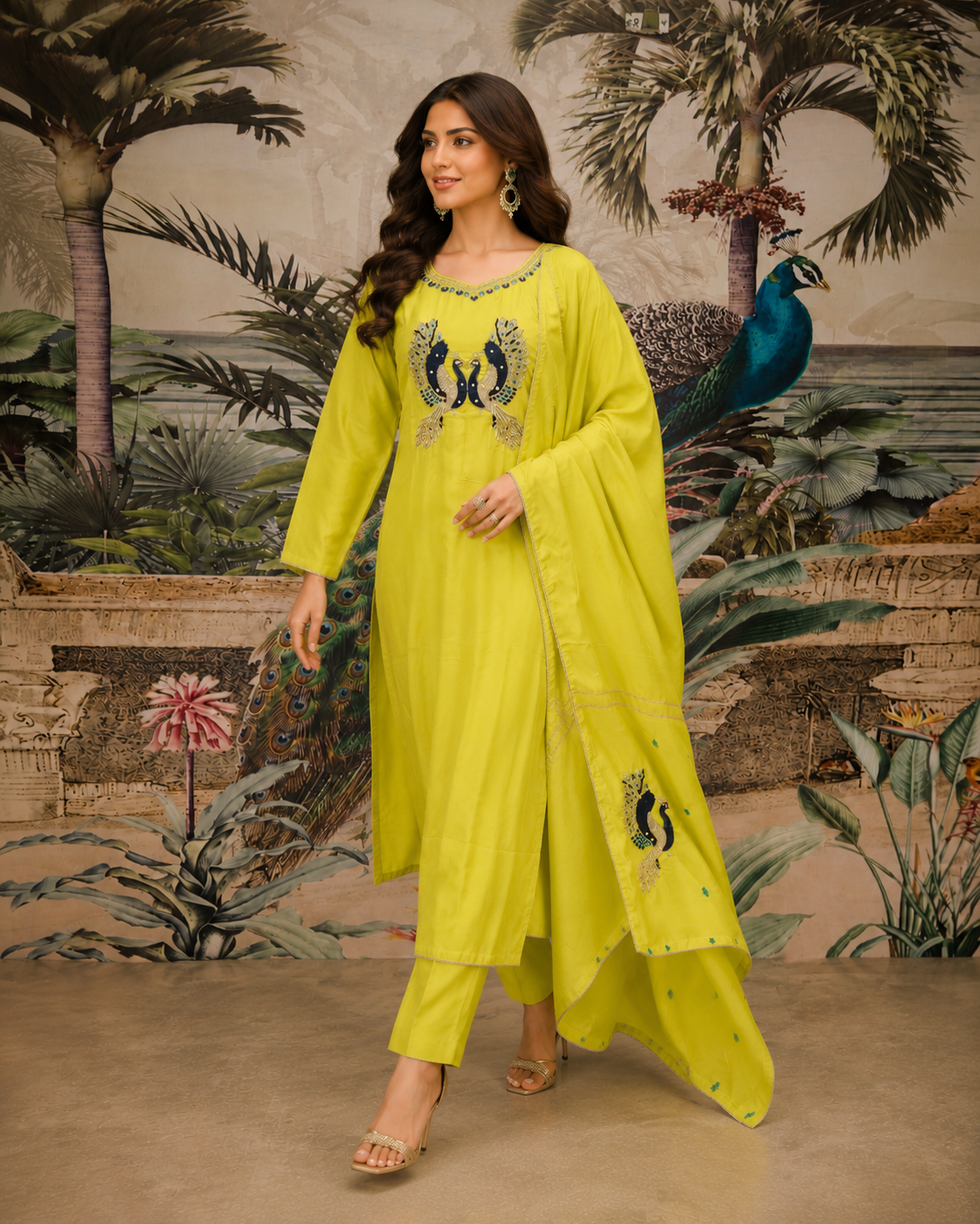 Lime Green Embroidered Viscose Crepe Pant Set