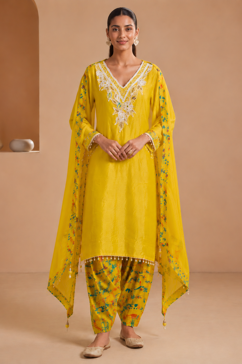 Citrine Yellow Printed Viscose Crepe Pant Set