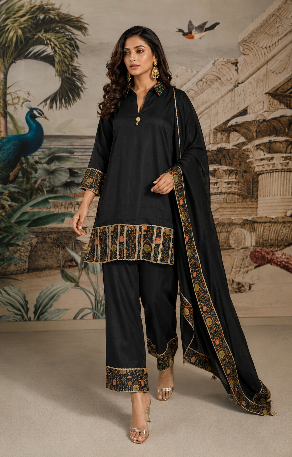 Black Embroidered Viscose Crepe Silk Pant Set