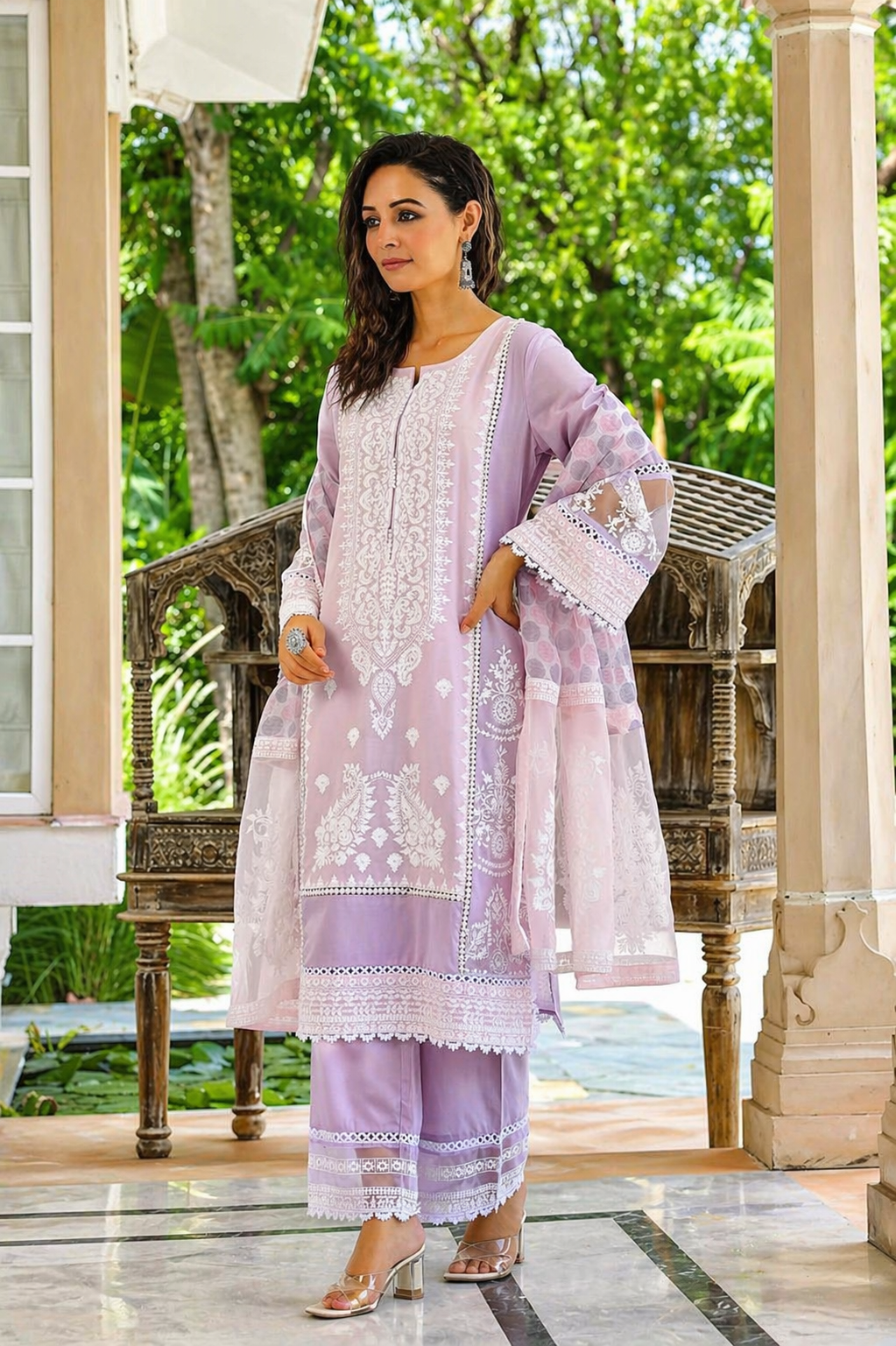 Lilac Embroidered Mul Cotton Pant Set