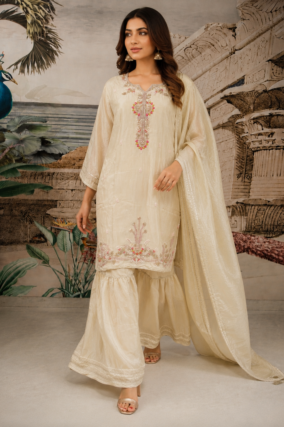 Pastel Cream Embellished Viscose Sharara Set