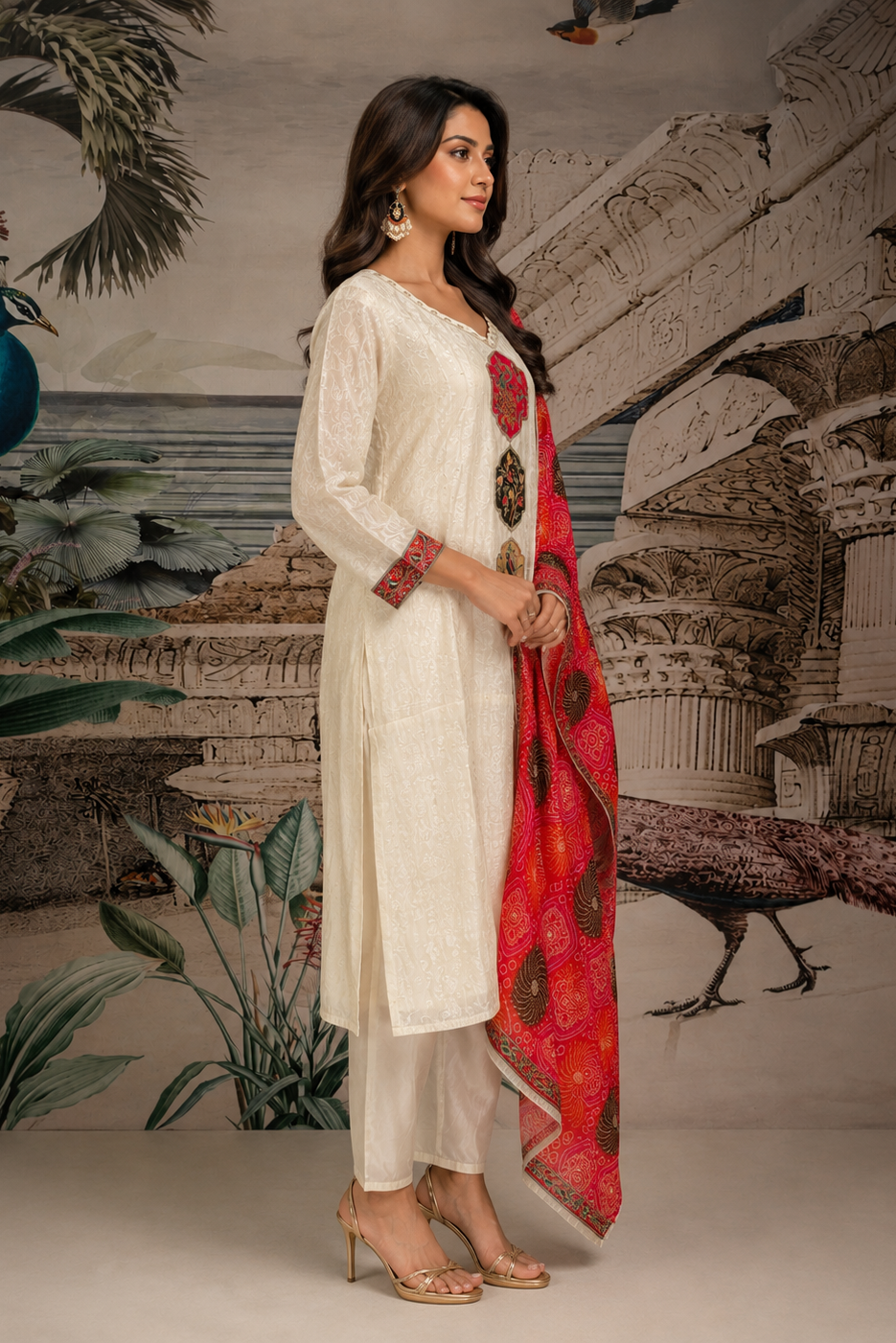 Pearl White Embroidered Viscose Silk Pant Set