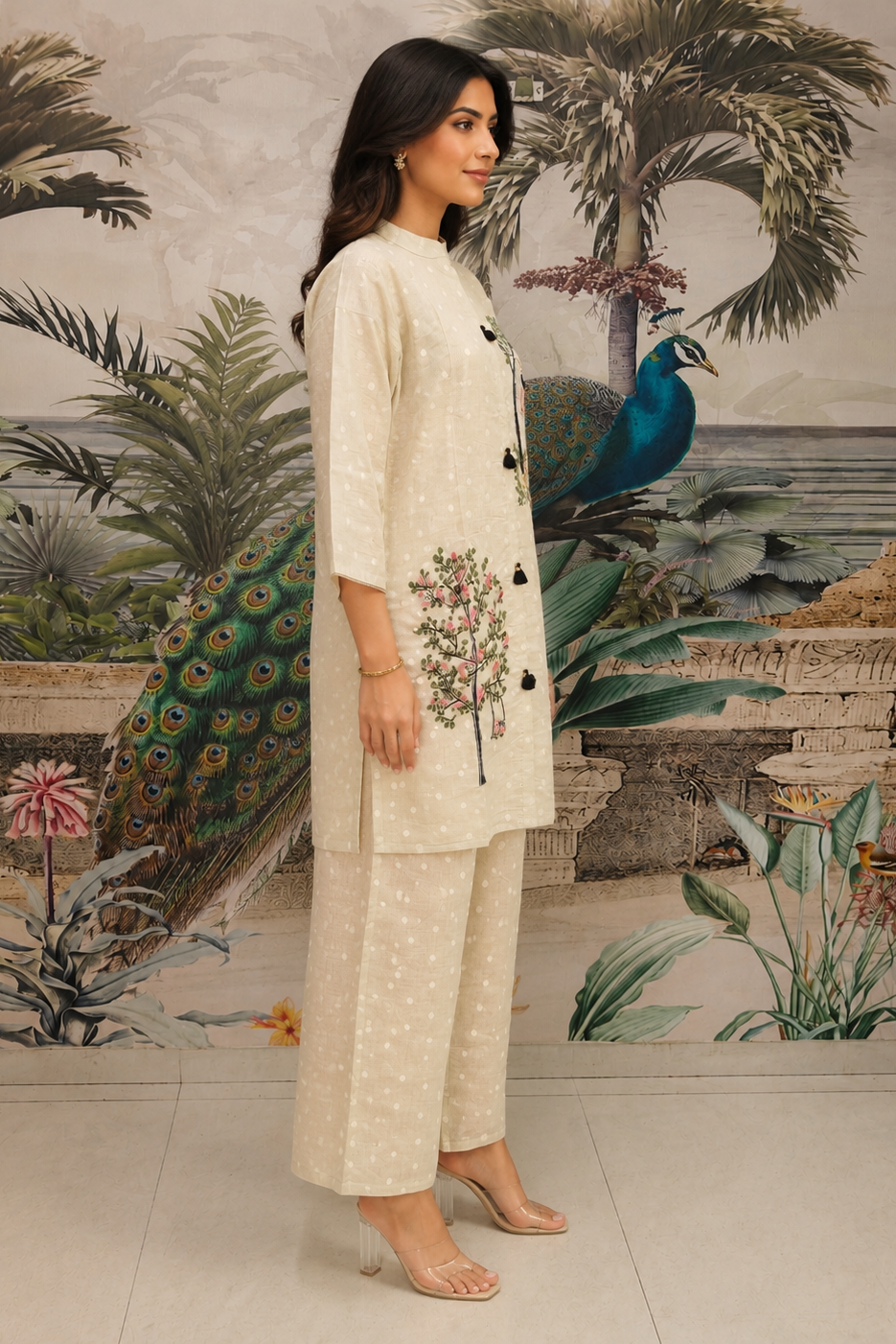Beige Embroidered Jacquard Silk Co-Ord Set