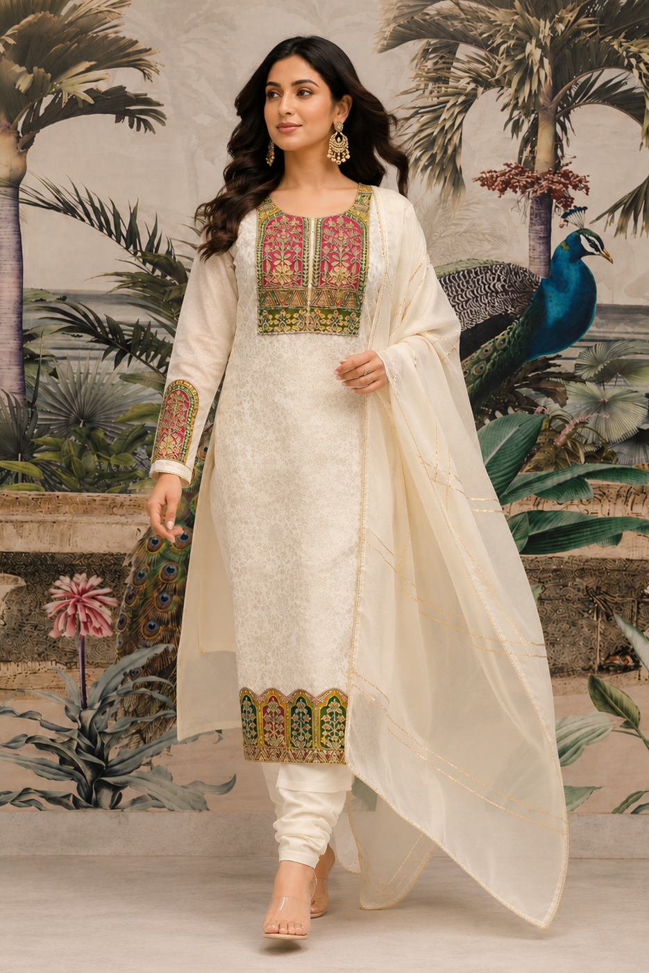 Ivory Embroidered Shimmer Jacquard Silk Pant Set